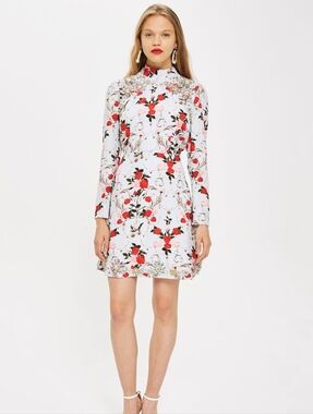 NWT TopShop Light Blue Red Pink Rose Skater Beaded Jewel Floral Dress 4